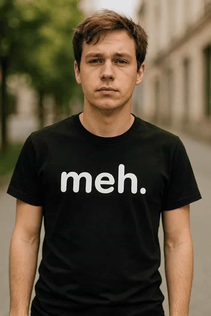 Juokingi marškinėliai Meh užrašas