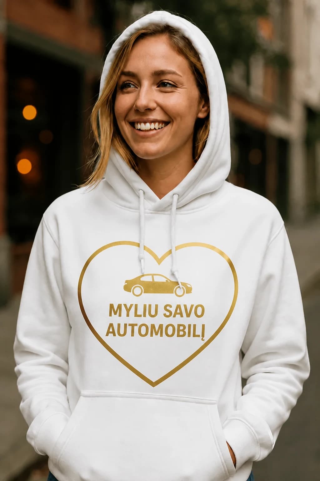 Džemperis su gobtuvu „Myliu savo automobilį“