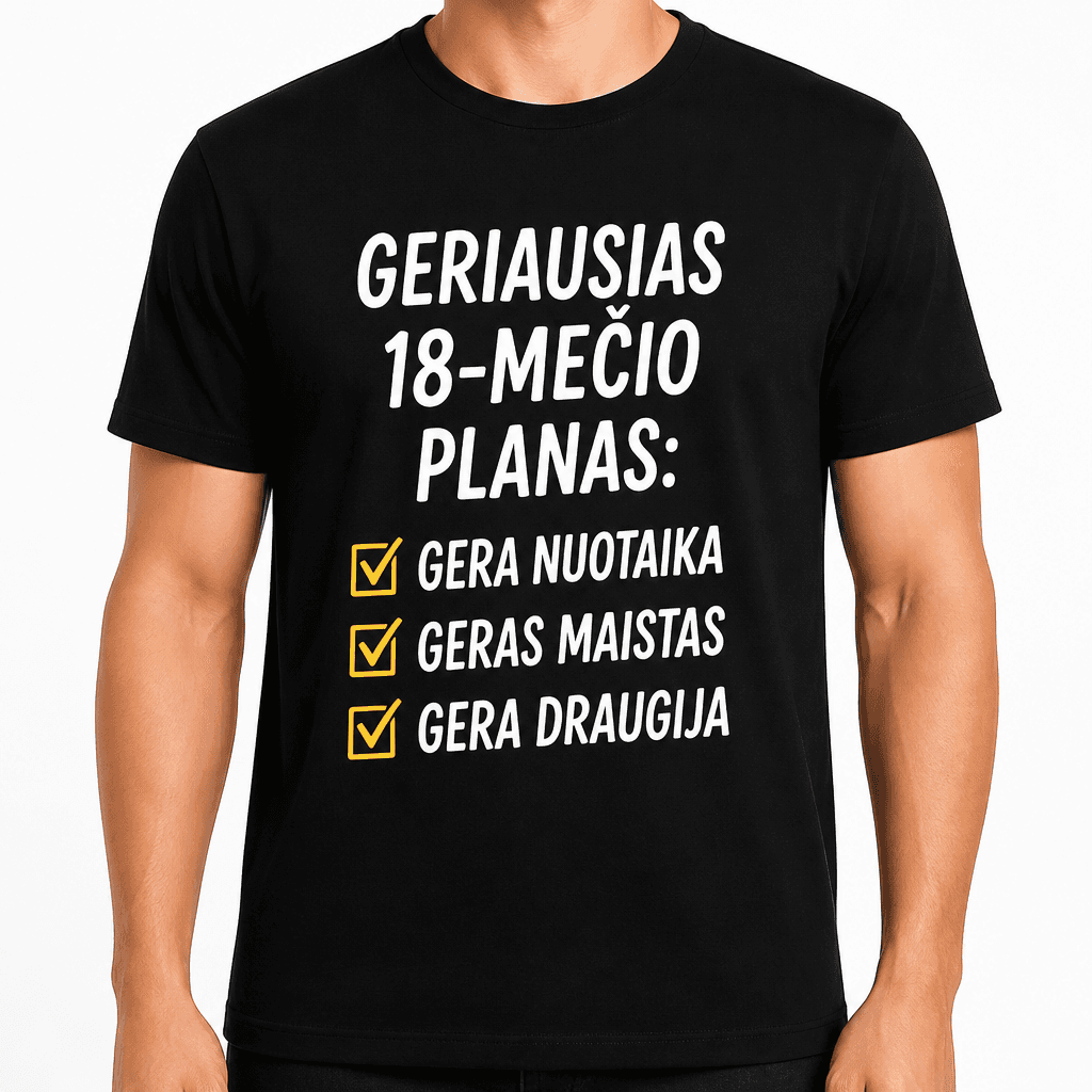 Marškinėliai 18-mečiui – Geriausias 18-mečio planas: gera nuotaika geras maistas gera draugija