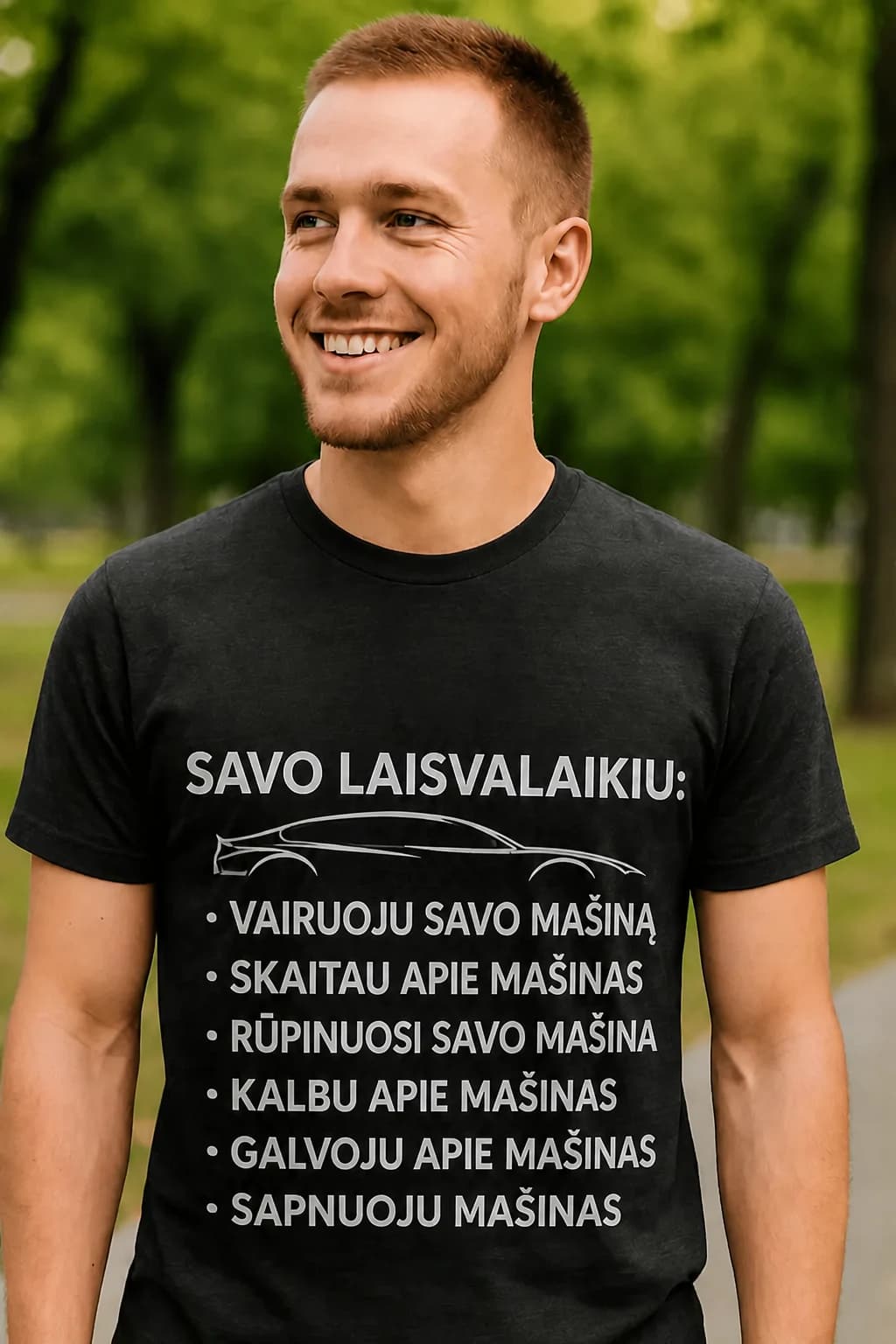 Juokingi marškinėliai „Savo laisvalaikiu: galvoju apie mašinas“