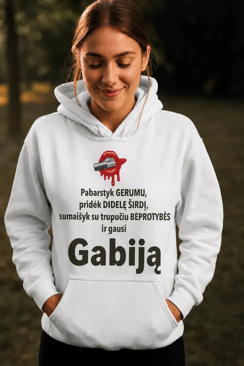 Džemperis su gobtuvu „Pabarstyk gerumu“ su vardu