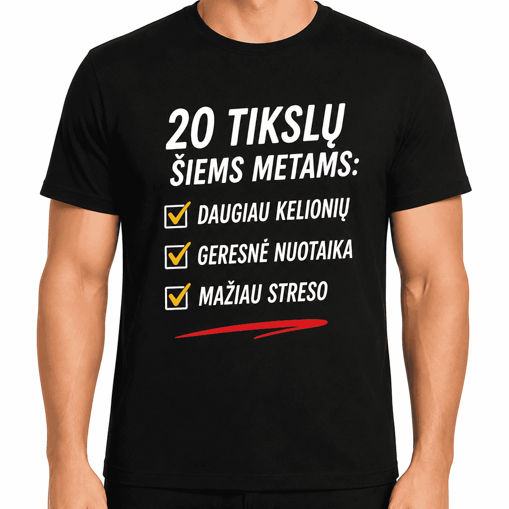 Marškinėliai 20-mečiui – 20 tikslų šiems metams: daugiau kelionių geresnė nuotaika mažiau streso