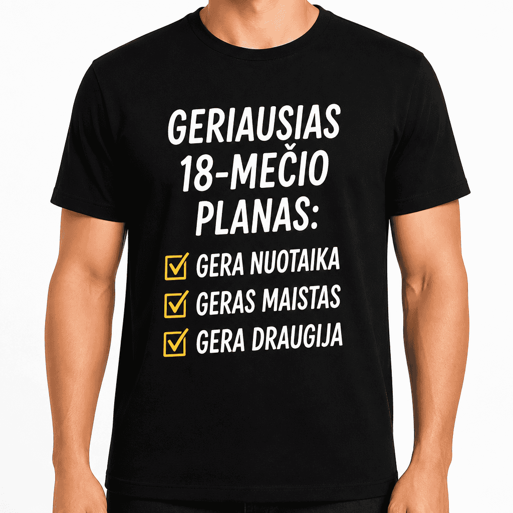 Marškinėliai 18-mečiui – Geriausias 18-mečio planas: gera nuotaika geras maistas gera draugija