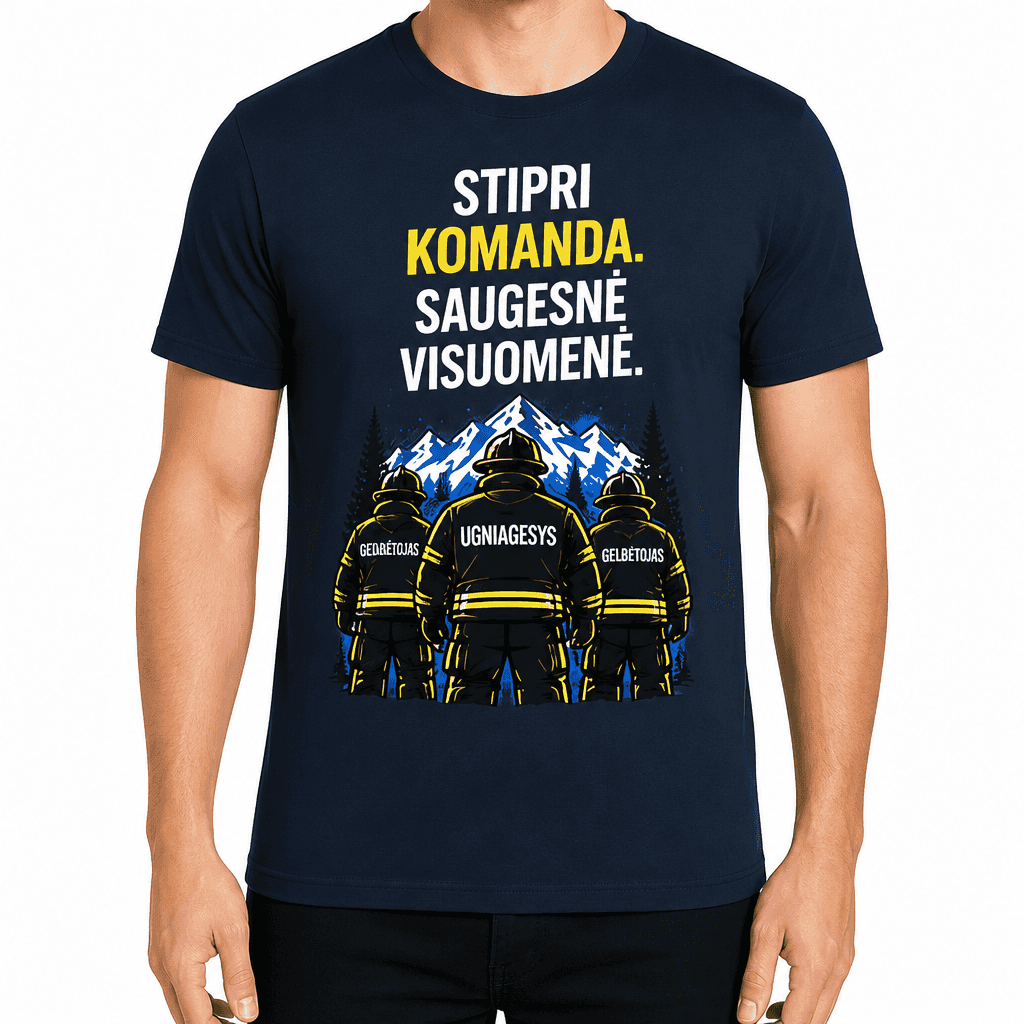 Ugniagesio marškinėliai – Stipri komanda. Saugesnė visuomenė.