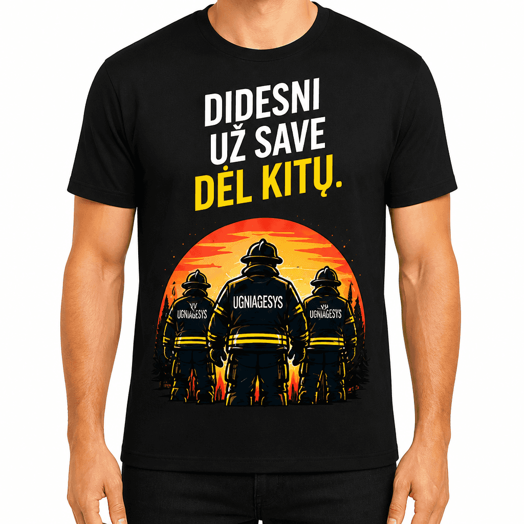 Ugniagesio marškinėliai – Didesni už save dėl kitų.