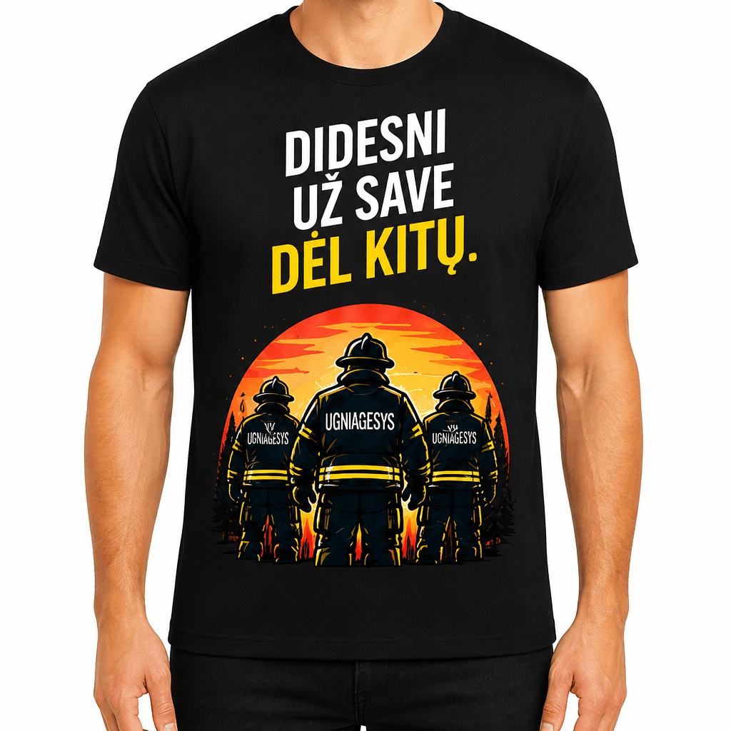 Ugniagesio marškinėliai – Didesni už save dėl kitų.