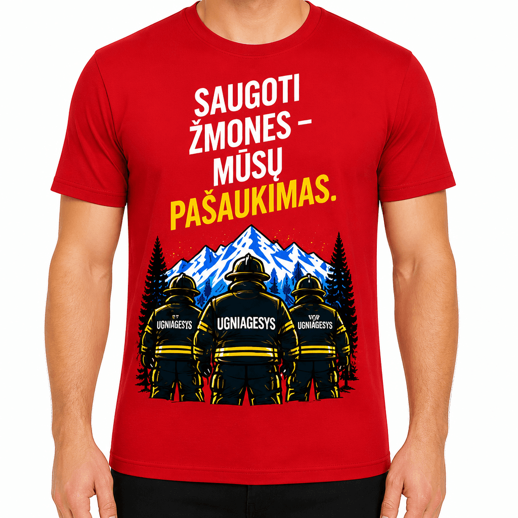 Ugniagesio marškinėliai – Saugoti žmones – mūsų pašaukimas.