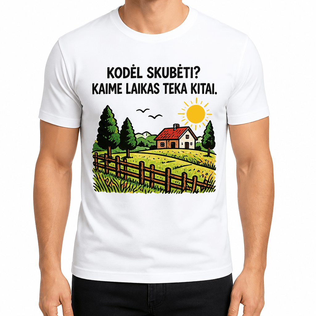 Marškinėlis ūkininkui – KODĖL SKUBĖTI? KAIME LAIKAS TEKA KITAI.