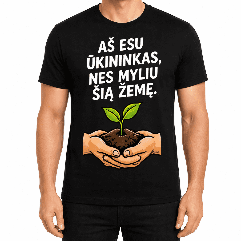 Marškinėlis ūkininkui – AŠ ESU ŪKININKAS, NES MYLIU ŠIĄ ŽEMĘ.