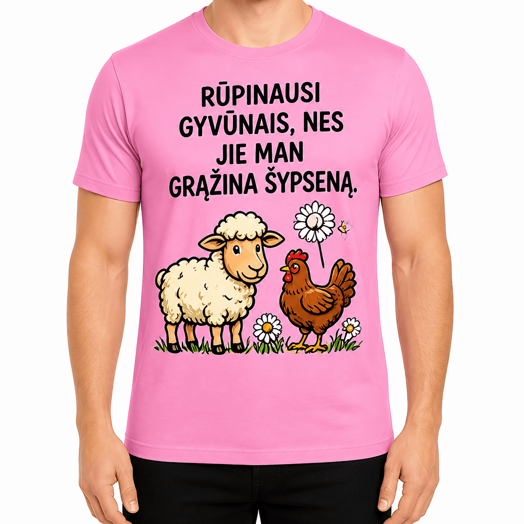 Marškinėlis ūkininkui – RŪPINAUSI GYVŪNAIS, NES JIE MAN GRĄŽINA ŠYPSENĄ.