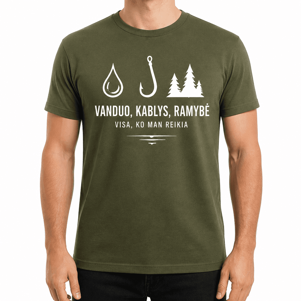Marškinėliai žvejui – VANDUO, KABLYS, RAMYBĖ