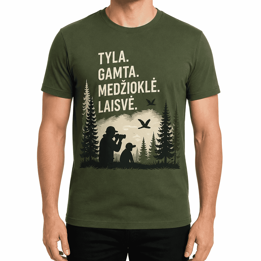 Medžiotojo marškinėlis – TYLA. GAMTA. MEDŽIOKLĖ. LAISVĖ.