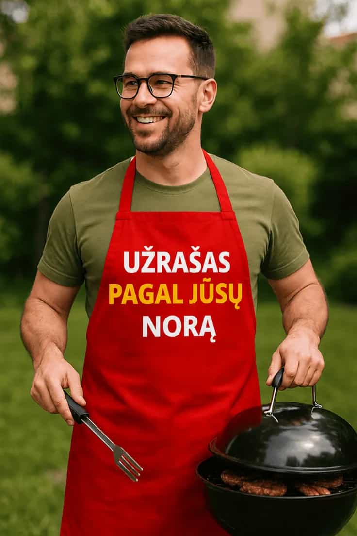 Juokinga prijuostė su norimu užrašu – UŽRAŠAS