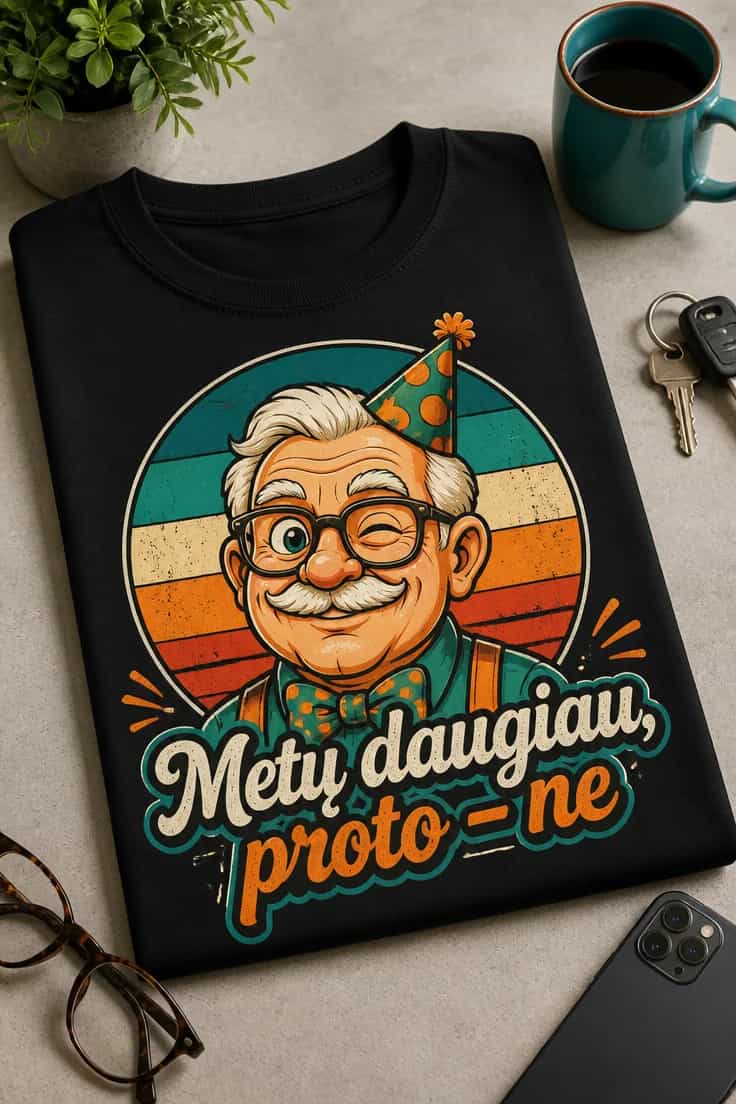 Juokingi gimtadienio marškinėliai: Metų daugiau, proto – ne
