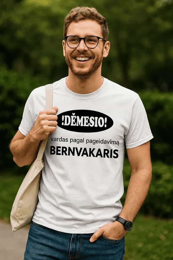 Juokingi marškinėliai Dėmesio bernvakaris su vardu