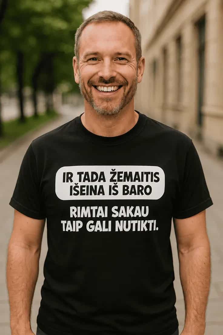Juokingi marškinėliai Žemaitis išeina iš baro