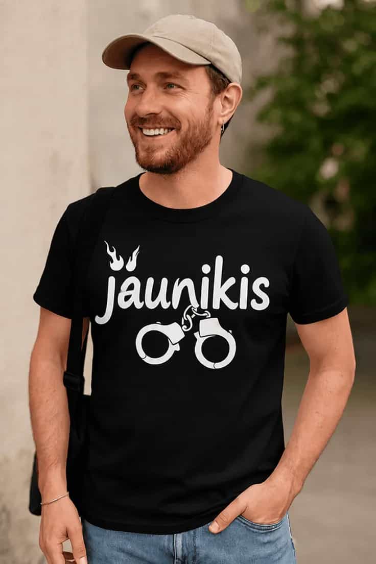 Juokingi marškinėliai Jaunikis su antrankiais