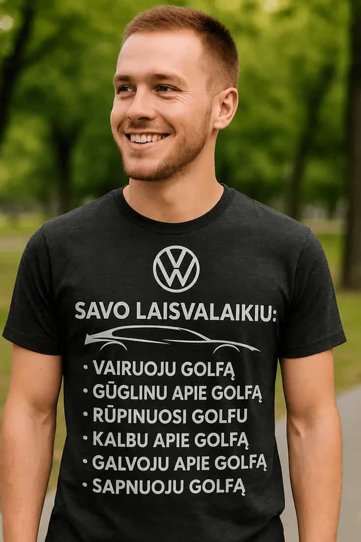 Juokingi marškinėliai laisvalaikiu apie Golfą