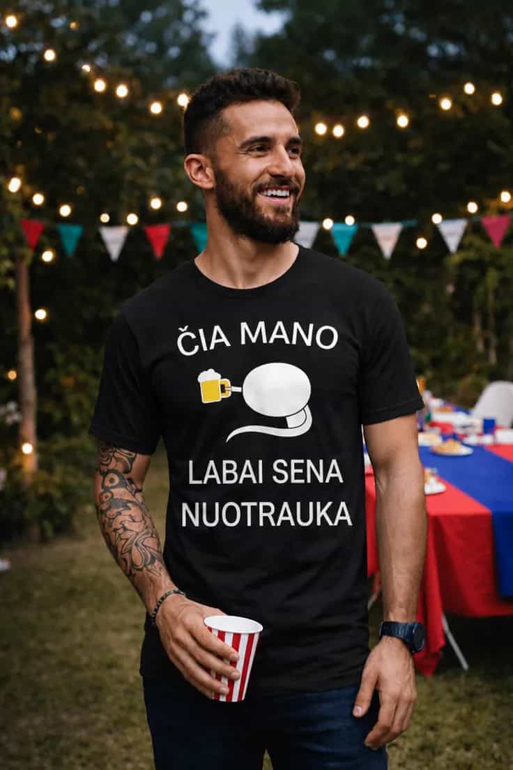 Juokingi marškinėliai Sena nuotrauka su alumi