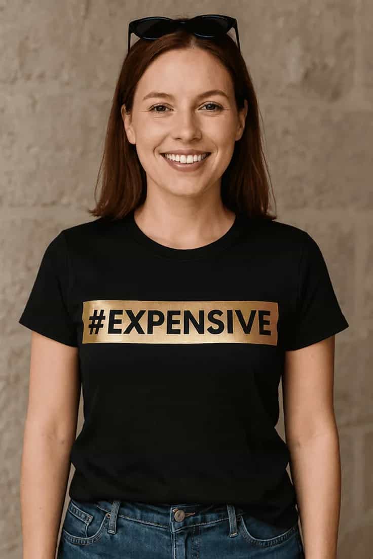 Juokingi marškinėliai su užrašu #EXPENSIVE