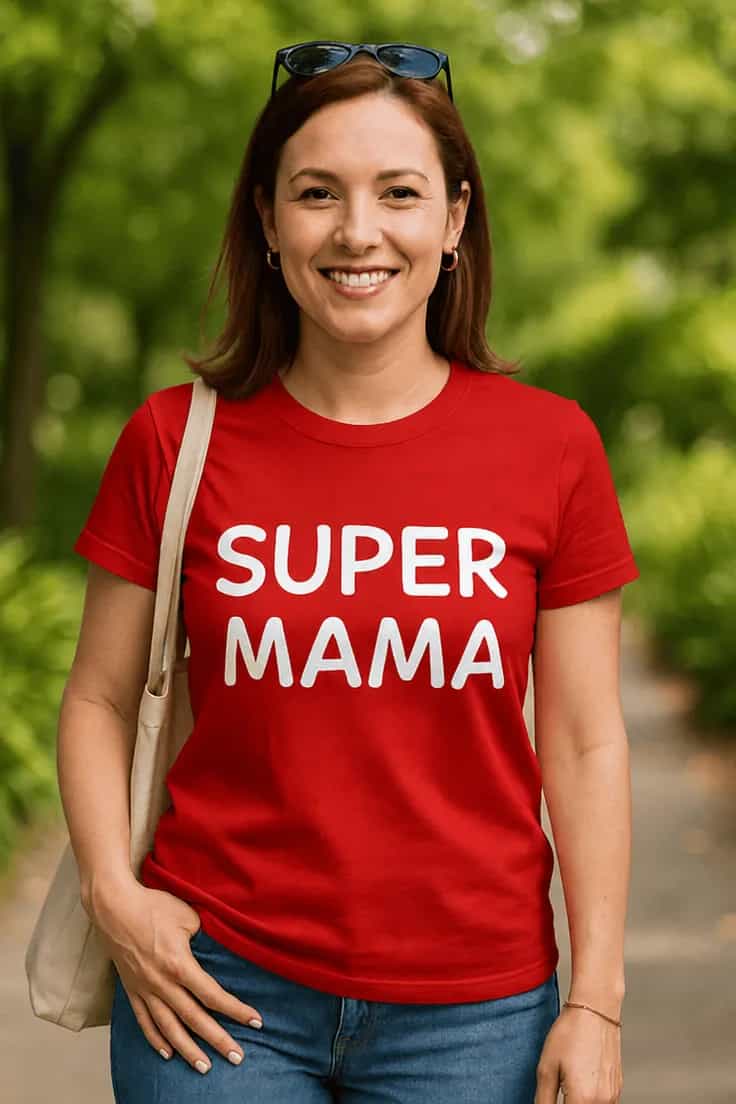 Juokingi marškinėliai Super mama su mėlynu fonu