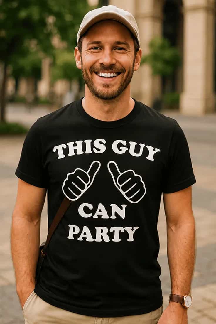 Juokingi marškinėliai Vakarėlių žmogus – THIS GUY CAN PARTY