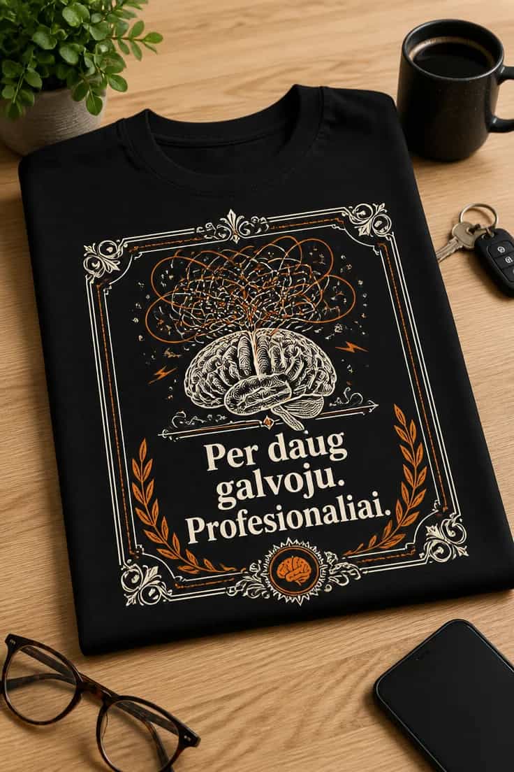 Juokingi marškinėliai „Per daug galvoju. Profesionaliai.“