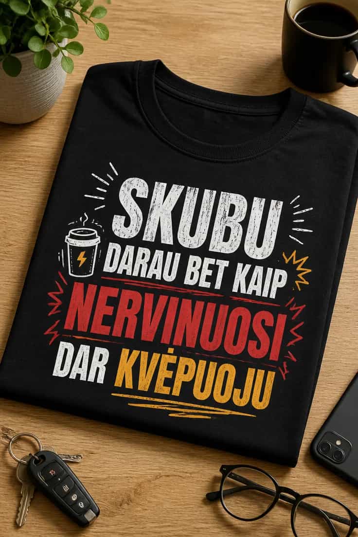 Juokingi marškinėliai „SKUBU DARAU BET KAIP“