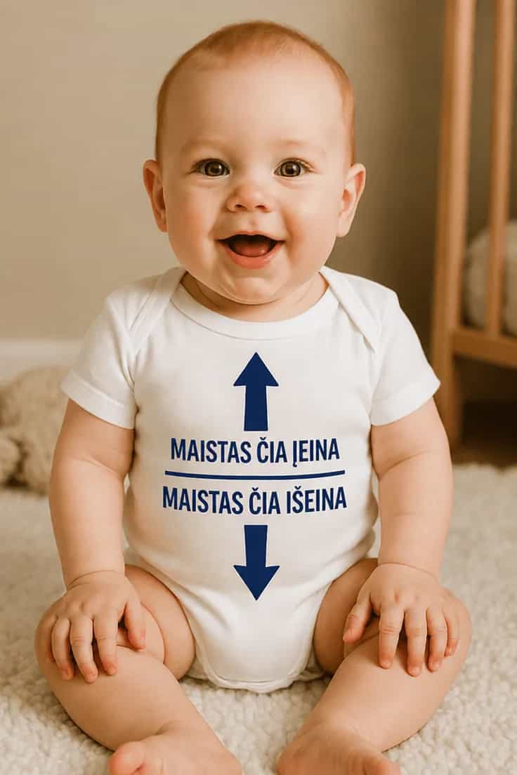 Kūdikio bodi Maistas įeina išeina – MAISTAS ČIA ĮEINA