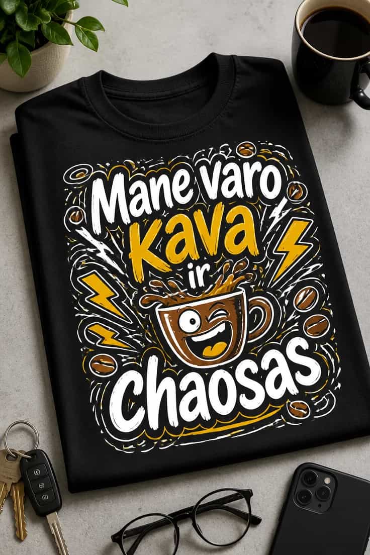Kavos marškinėliai – Mane varo kava ir chaosas