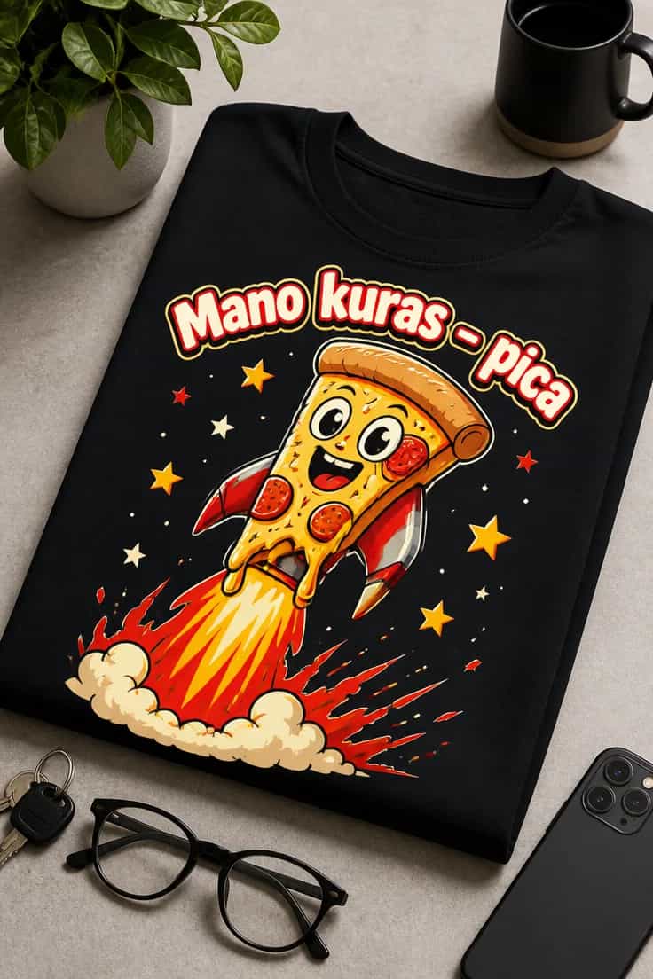 Juokingi marškinėliai „Mano kuras – pica“