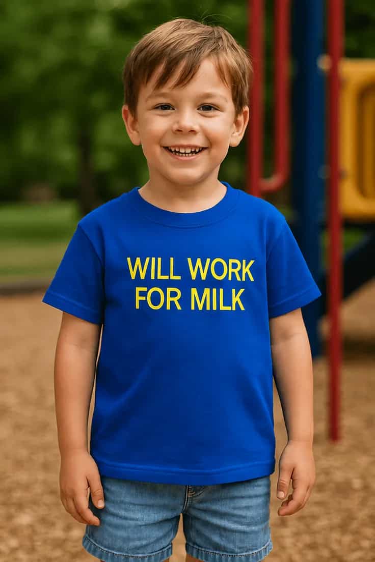Vaikiški marškinėliai Dirbs už pieną – WILL WORK FOR MILK
