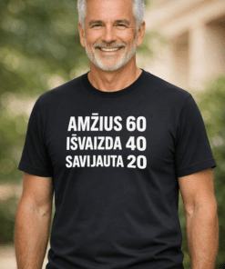 Juokingi marškinėliai „Amžius 60, išvaizda 40, savijauta 20“
