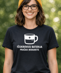 Juokingi marškinėliai „Išsikrovusi baterija, prašau įkraukite“